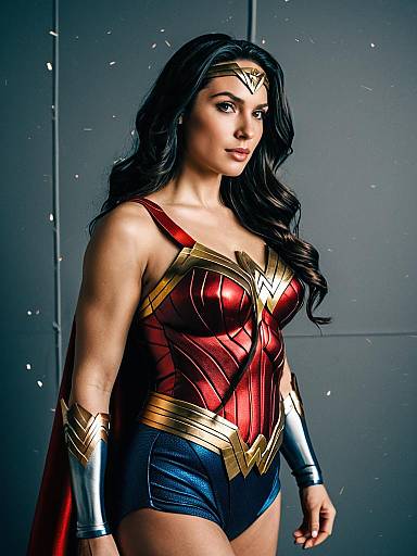 Photorealistic digital artwork of Wonder Woman: dark-haired, tan-skinned, muscular, in red and gold armor with blue shorts, silver bracers