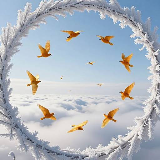 Photograph of vibrant orange birds flying in a circular formation against a bright blue sky, framed by frosty white branches.