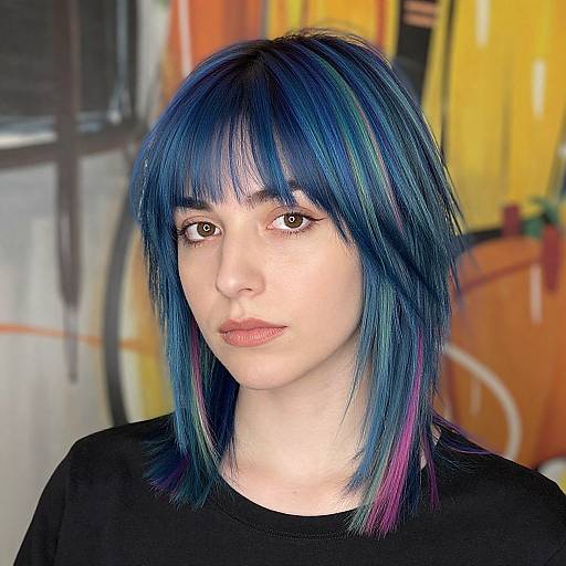 Photograph of a young woman with pale skin, blue and purple hair, straight bangs, brown eyes, wearing a black shirt, against a colorful