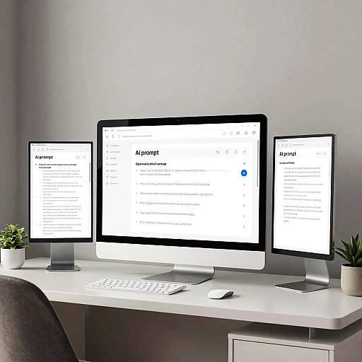 Photograph of a modern white desk with three identical black-framed monitors displaying a website, flanked by potted plants on left and right.