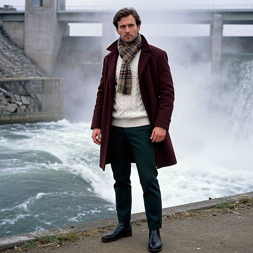 Photograph of a bearded man in a brown coat, white sweater, black pants, and plaid scarf standing by a waterfall under a concrete bridge