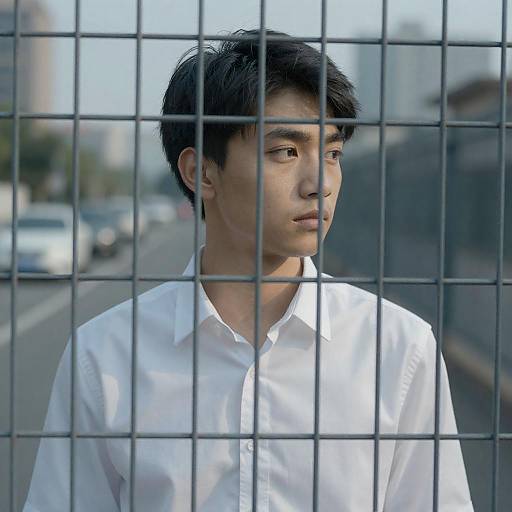 Young man behind metal wire fence