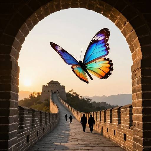 Photograph of a vibrant blue and orange butterfly flying through a stone archway over a historic stone bridge at sunset, with silhouetted people walking