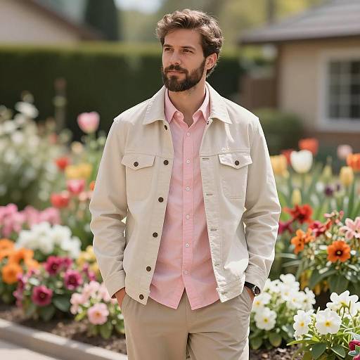 Casual Man in Beige Jacket in Colorful Garden