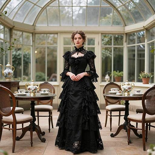 Photograph of a Victorian-style woman with dark brown hair in a black lace gown, standing in a glass conservatory with tea tables and chairs.