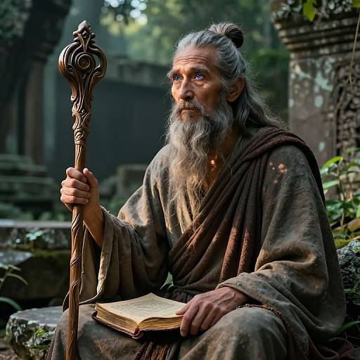 Photorealistic CGI of an elderly wizard with a long gray beard, wearing a brown robe, holding a ornate staff, and reading an open book