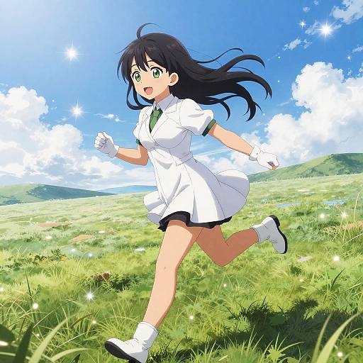 Anime-style digital illustration of a cheerful girl with long black hair, green eyes, white uniform, black skirt, and white shoes, running joyfully in