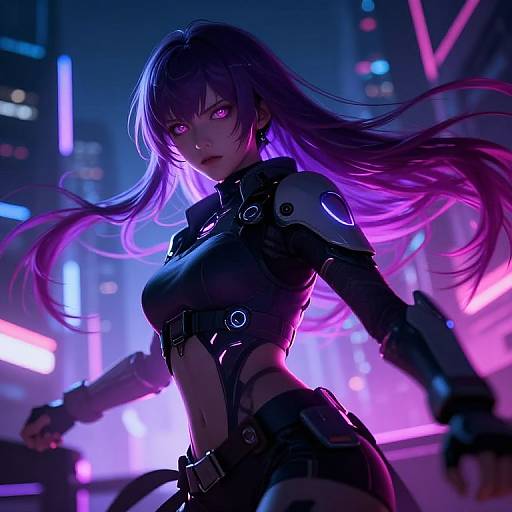 Digital anime-style illustration of a fierce, purple-haired woman with glowing pink eyes, wearing a dark, cybernetic armor, set against a neon-l