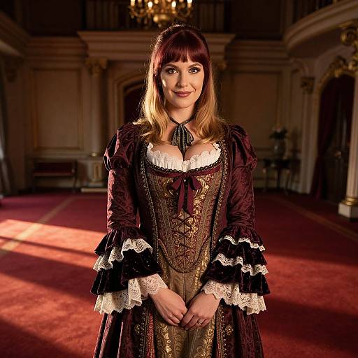 Photograph of a woman with fair skin and brown hair, wearing an ornate, Victorian-style black and gold dress with lace sleeves, standing in a