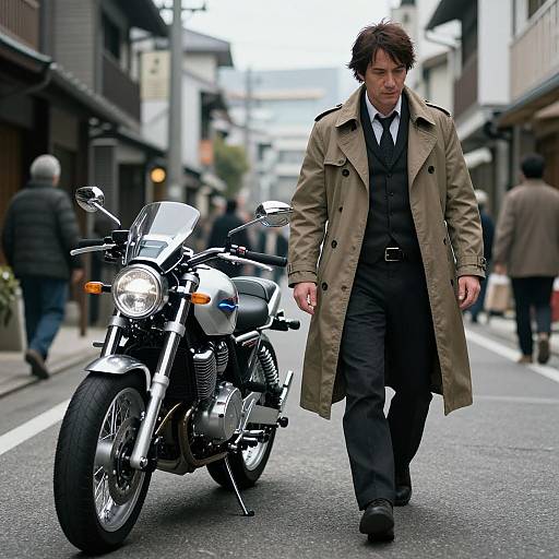 Photograph of a serious man in a brown trench coat and black suit walking alongside a silver motorcycle on a busy urban street.