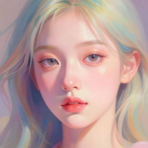 Digital painting of a young woman with ethereal, pastel-colored hair, large blue eyes, and soft, glowing skin, with a serene expression.