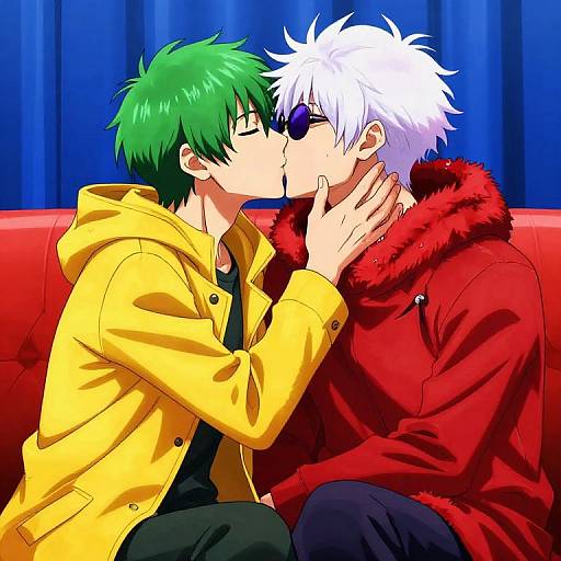 Digital anime-style drawing of two boys kissing on a red couch. One has green hair, yellow jacket; the other white hair, red jacket, and