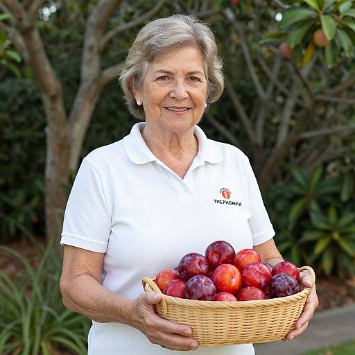 Photograph of an elderly white woman with short gray hair, wearing a white polo shirt, holding a basket of red plums, smiling outdoors against a
