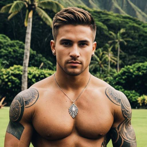 Muscular Young Man with Tattoos and Necklace Outdoors