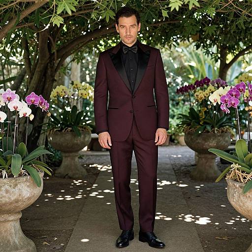 Photograph of a handsome man in a black tuxedo with a bow tie, standing in a sunlit garden with orchids and stone urns
