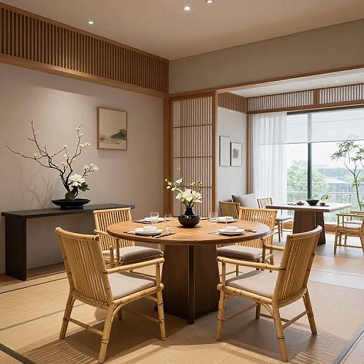 Photograph of a modern Japanese-style dining room with a wooden round table, four wicker chairs, vase with white flowers, minimal decor, and natural