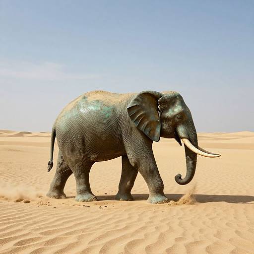 Photograph of a solitary, large African elephant with dark gray, textured skin standing in a vast, sandy desert under a clear blue sky.