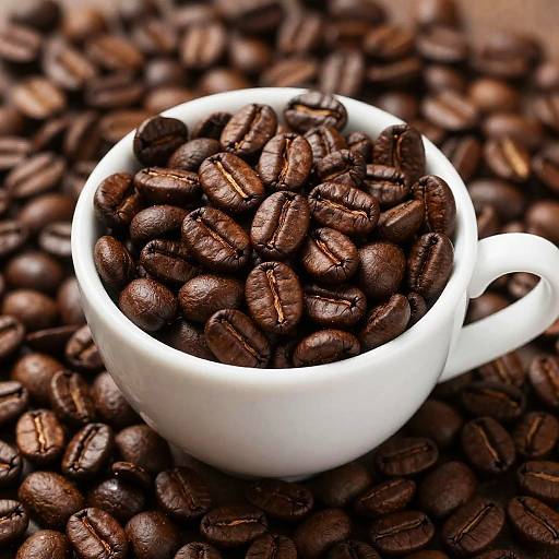 Close-Up Ceramic Cup Overflowing with Coffee Beans