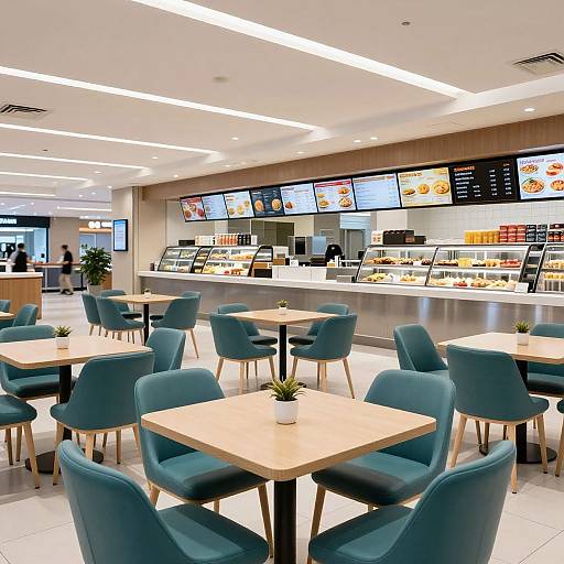 Photograph of a modern café with teal upholstered chairs, light wooden tables, small potted succulents, and a brightly lit kitchen counter with
