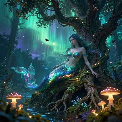 Digital fantasy artwork of a glowing mermaid with a rainbow-scale tail, sitting against a tree in a mystical forest with glowing mushrooms, bioluminescent