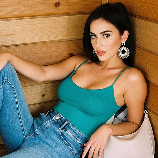 Photograph of a woman with dark hair, wearing a teal tank top, blue jeans, large circular earrings, and a white handbag, reclining