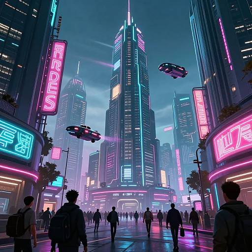 Neon-lit cyberpunk cityscape at night, featuring hovering cars, glowing signs, towering skyscrapers, and a crowded street filled with sil