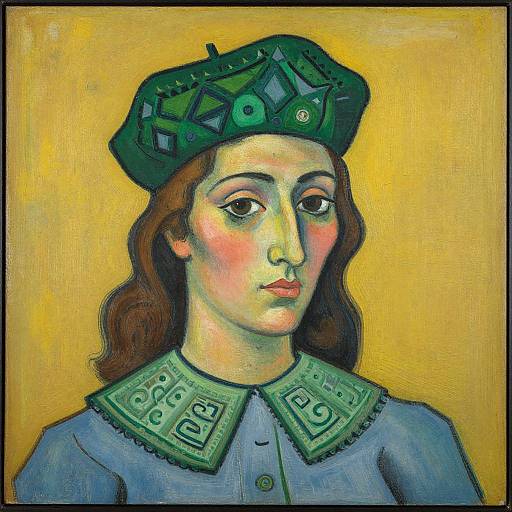 Painting of a serious young woman with wavy brown hair, wearing a green, geometric-patterned hat and blue dress with green collar, set against