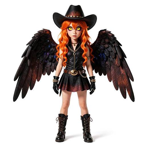 Dark Angel Girl with Orange Hair and Black Wings