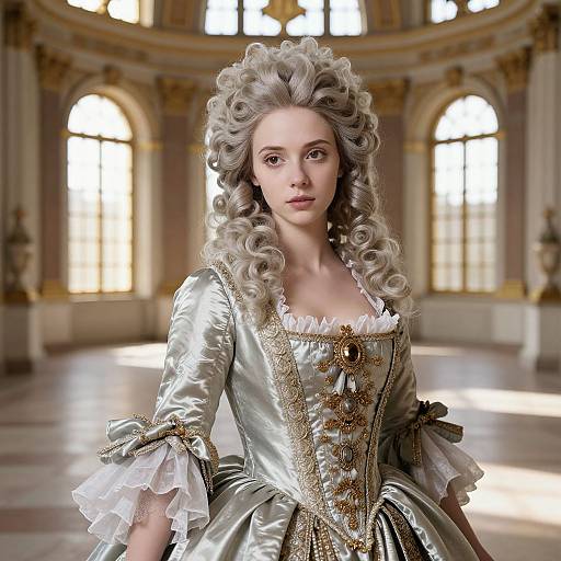Photorealistic CGI of a pale-skinned woman with voluminous grey curls in a silver, gold-embroidered 18th-century dress,