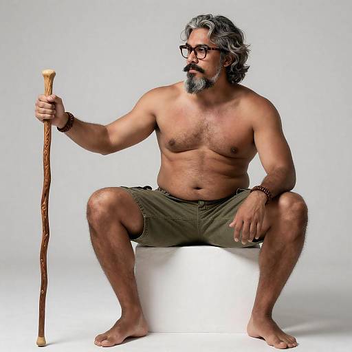 Mature Man Sitting with Wooden Walking Stick