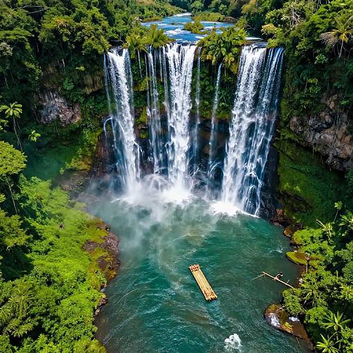 Aerial photograph of a multi-tiered waterfall cascading into a turquoise pool, surrounded by lush greenery, with a small wooden plank bridge floating near