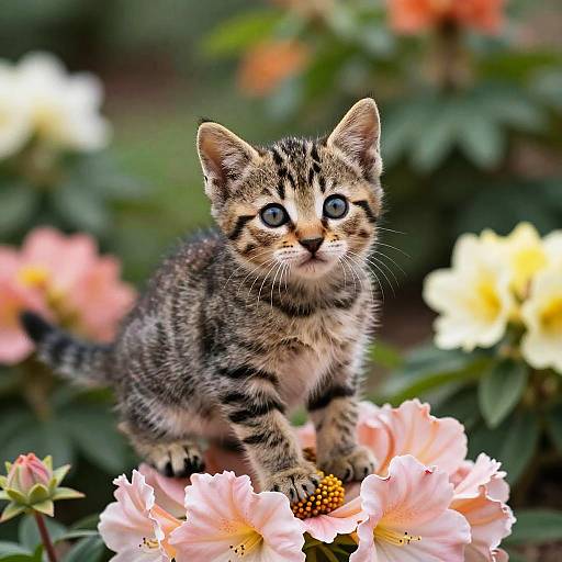 Tiny Tabby Kitten on Blooming Flower