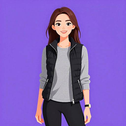 Digital anime-style illustration of a smiling woman with long brown hair, wearing a black vest over a gray shirt, black pants, and a wristwatch,