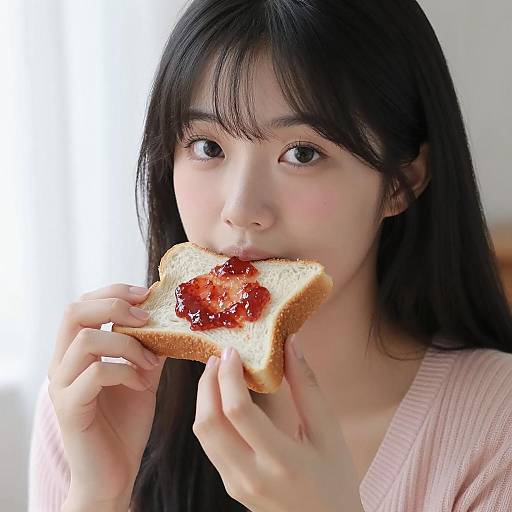 Asian Woman Enjoying Bread with Jam