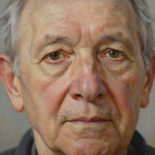 Close-up photograph of an elderly man with light gray hair, wrinkled skin, brown eyes, and a neutral expression, wearing a dark shirt against a