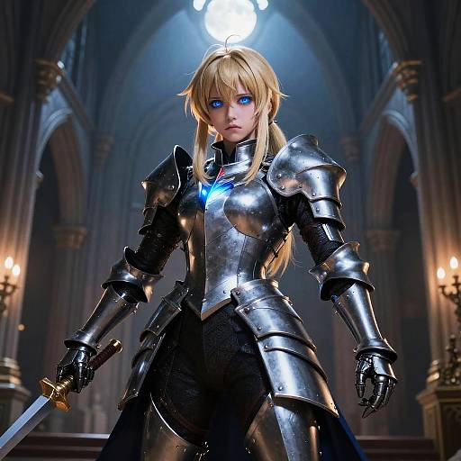 CGI image of a blonde, blue-eyed female knight in shiny black armor with a glowing blue emblem, holding a sword in a dimly lit,
