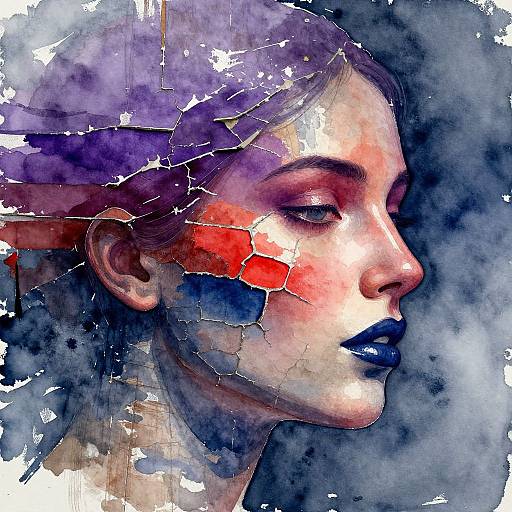 Digital watercolor portrait of a woman with cracked, mosaic-like skin in red, purple, and blue hues, closed eyes, dark lips, against a