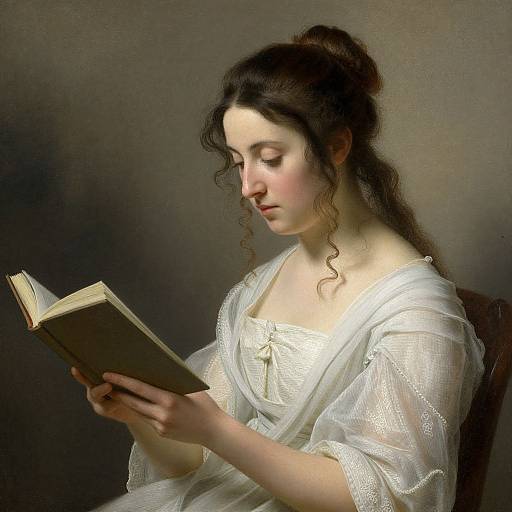 Photorealistic painting of a young woman with fair skin, dark curly hair in a bun, wearing a white, sheer dress, intently reading a