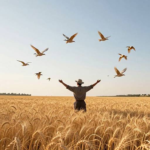 Photograph of a farmer with arms outstretched, wearing a hat, standing in a golden wheat field, with birds flying overhead under a clear blue