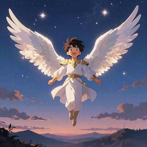 Anime-style digital illustration of a young boy with large, glowing white wings, floating in a starry evening sky over a mountain range.