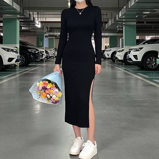 Photograph of a woman in a black long-sleeve dress with side slits, white sneakers, holding a bouquet of colorful flowers, standing in