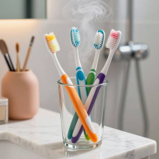 Photograph of six colorful toothbrushes, including orange, blue, green, purple, and white, standing in a clear glass on a marble countert