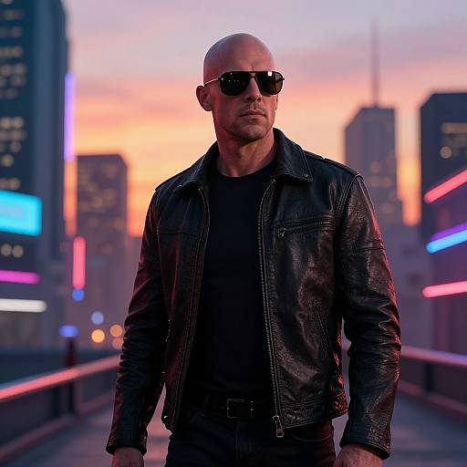 Confident Baldman in Futuristic City