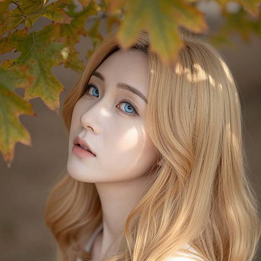 Photograph of a fair-skinned, blue-eyed woman with wavy, shoulder-length blonde hair, gazing upward through autumn leaves, soft natural light