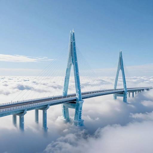 Photograph of a modern suspension bridge with tall, white, triangular towers, floating above a sea of fluffy, white clouds under a clear blue sky.