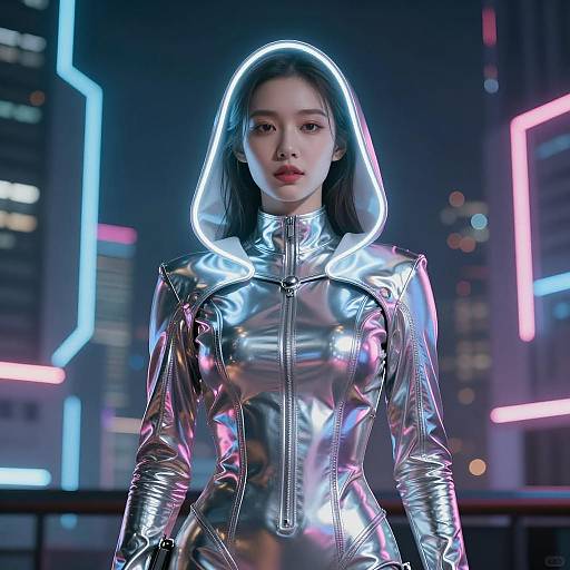 Futuristic Woman in Metallic Outfit with Neon Cityscape