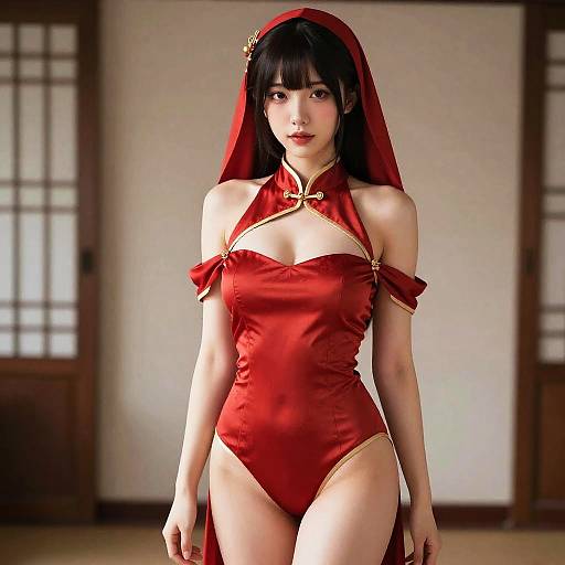 Woman in Red Chinese Style One-Piece Outfit