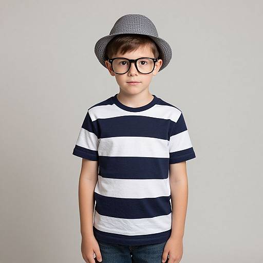 Photograph of a young boy with fair skin, brown hair, large black glasses, wearing a gray hat, black-and-white striped shirt, and dark