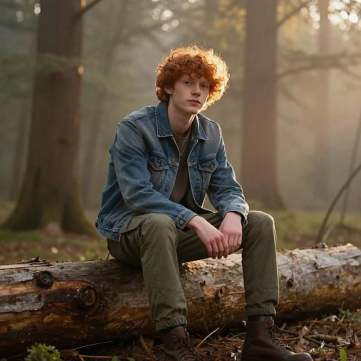 Young Man Sitting on Log in Misty Forest