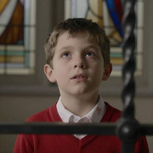Curious Boy with Stained Glass Background